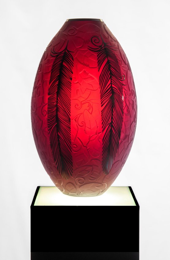 DUNCAN MCCLELLAN LARGE RED FEATHER ART GLASS VASE: McCLELLAN, Duncan, (American, 20th C.): Large Red and Black Etched Vase with Feather Motif, titled ''Red Feather'', overlaid sand carved hand blown glass. This project took 4 men to complete. Approxim