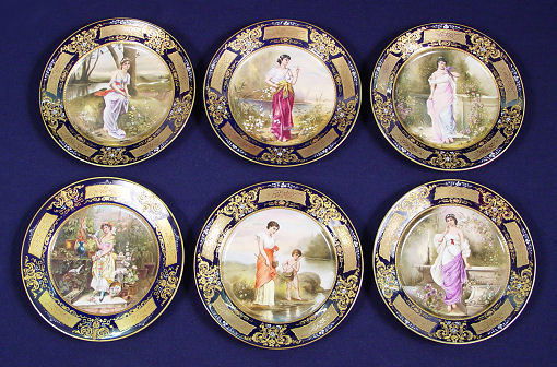 SET OF 6 ROYAL VIENNA CABINET PLATES Fabulous: SET OF 6 ROYAL VIENNA CABINET PLATES: Each hand decorated with a pensive beauty with a bird, child fishing or just enjoying the solitude. The plates are signed are Heer, one is R. Hober. The titles ar