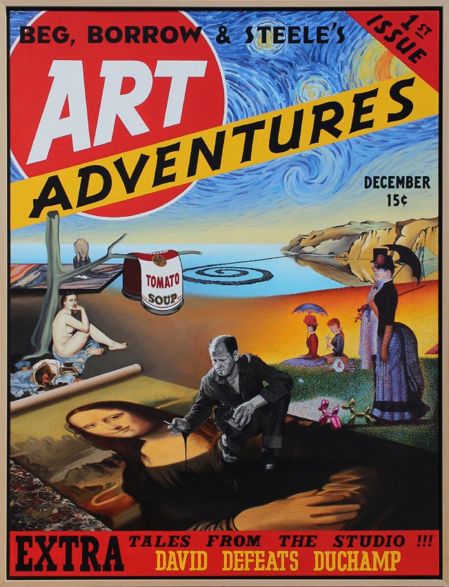 BEN STEELE ORIGINAL PAINTING "ART ADVENTURES: STEELE, Ben (American, 1977- ): Art Adventures, Oil/Canvas, 44" x 34", signed, titled and dated 2011 verso, framed, 45 1/2" x 35 3/4", Giacobbe Fritz Fine Art Gallery label affixed verso with a price 
