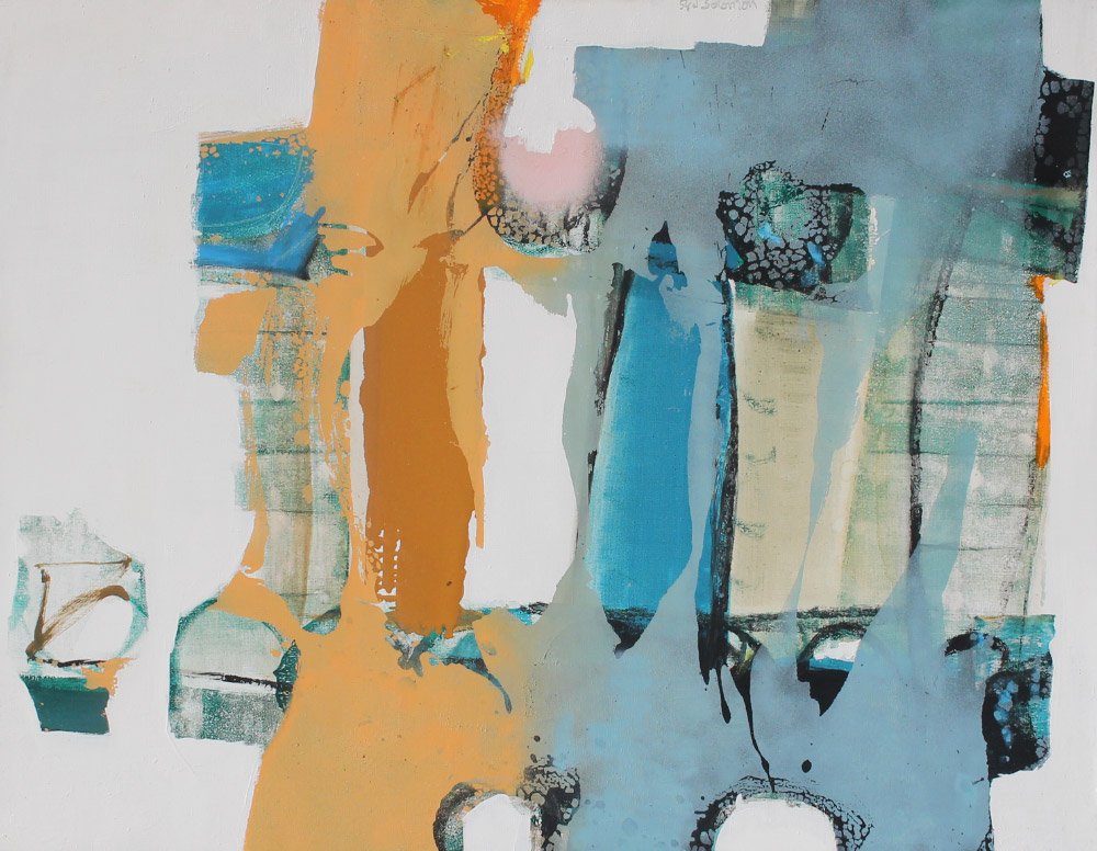 EXHIBITED SYD SOLOMON NATIONAL ACADEMY PAINTING: SOLOMON, Syd (American, 1917-2004): Coastal Curtain, Oil & Acrylic/Canvas, 46" x 60", signed in upper mid margin, signed titled and dated verso, National Academy of Design label affixed label from 196