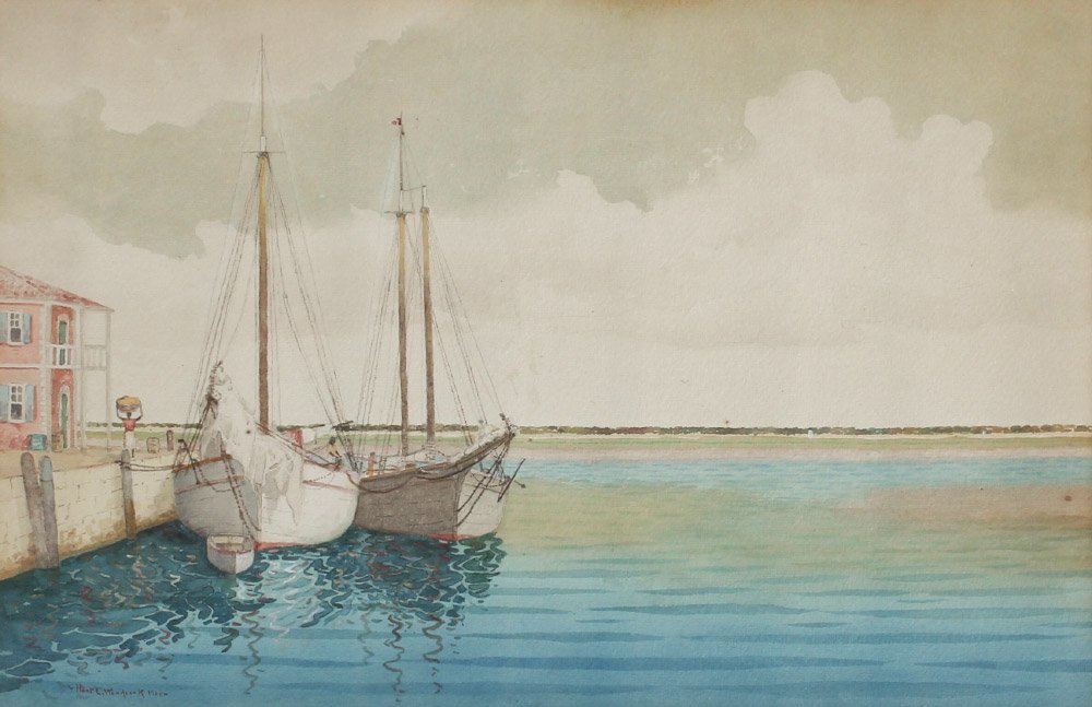WOODCOCK BOHEMIAN DOCKSIDE PAINTING 1928: WOODCOCK, Heartwell Leon (American, 1853-1929) Bohemian Dockside Scene with Moored Boats, Watercolor, sight size 13 1/2" x 19 1/2", signed lower left, fine carved and gilded frame, 25 1/2" x 31 1/2".