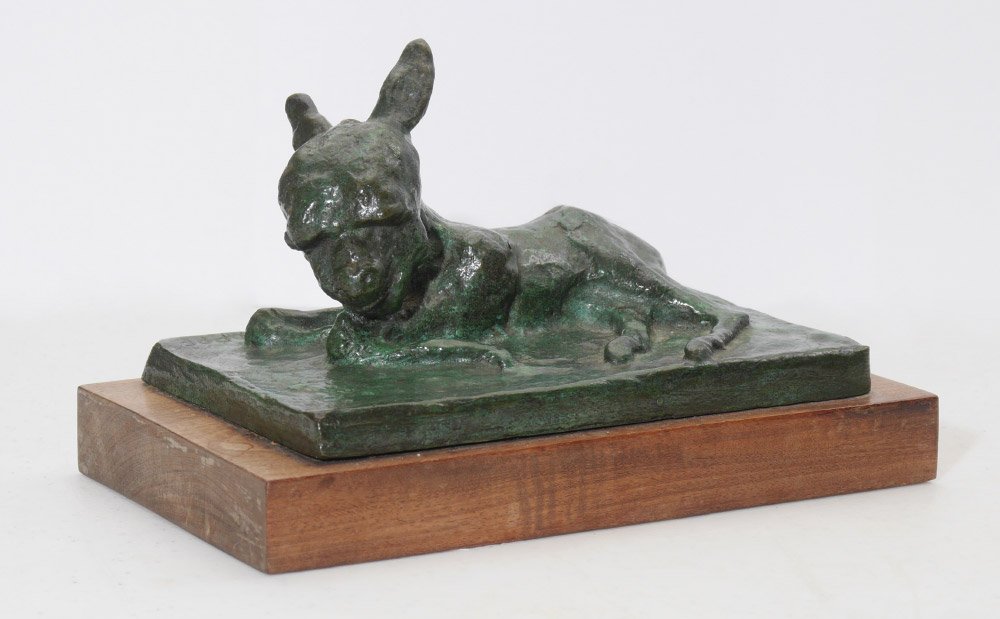 CARL PAPPE PATINATED BRONZE BABY DONKEY: PAPPE, Carl (American 1900-1998): Baby Donkey Lying Down, Patinated Bronze, 3 1/2" h. x 6 1/2" w. x 4 1/4" d., sized signature affixed to a wooden plinth.