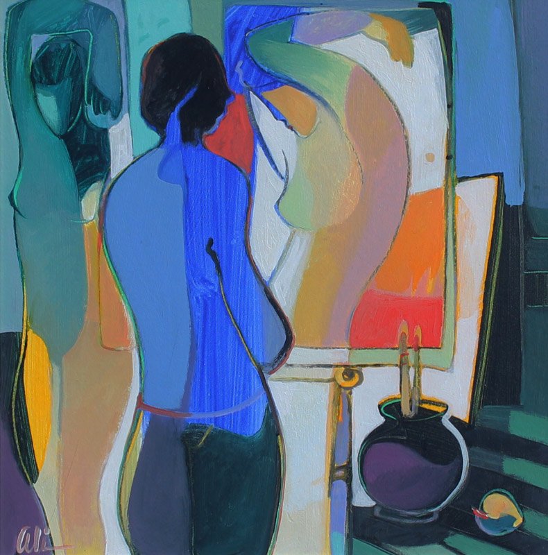ALI GOLKAR PAINTING ''WOMAN'': GOLKAR, Ali (American, 1948- ): ''Woman'', Acrylic/Paper, sight size 20 1/2'' x 21'', custom silver gilt frame, 32 1/2'' x 33'', under plexi, Martin Lawrence Gallery label affixed verso.
