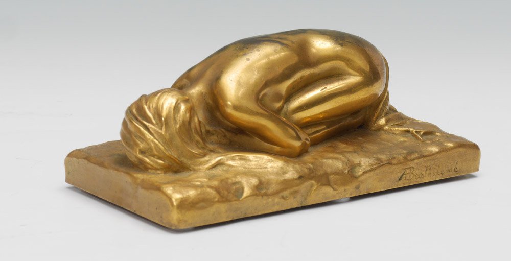 BARTHOLOME FEMALE IN MOURNING BRONZE DORE FIGURE: BARTHOLOME, Albert, (French, 1848-1928): Female in Mourning, Dore Bronze, 2 1/4" h., 6 1/2" w., 3 1/2" d, incised signature, Slot-Decauville Paris foundry mark, stamped H634.