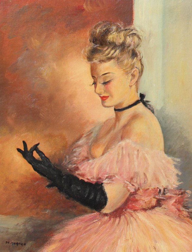 FRENCH DANCER PAINTING SIGNED DE GORHAM: FRENCH DANCER PAINTING SIGNED DE GORHAM: Depicts a French Dancer Donning Her Black Velvet Gloves, Oil/Canvas, 20" x 16", signed lower left, framed, 25" x 21", in the style of Fried Pal.