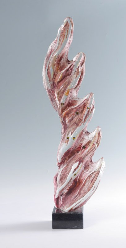SUSAN GOTT GLASS FLAME SCULPTURE: SUSAN GOTT GLASS FLAME SCULPTURE: 24" h., affixed to a marble plinth which adds another 2", signed verso.