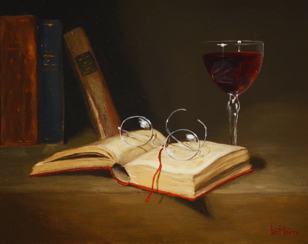 BERT BEIRNE STILL LIFE PAINTING: BIERNE, Bert (American, 20th/21st Century): Still Life with Books, Spectacles, and Glass of Wine, Oil/Board, 8" x 10", signed lower right, Victorian deep dish frame, 12 1/2" x 14 1/2".