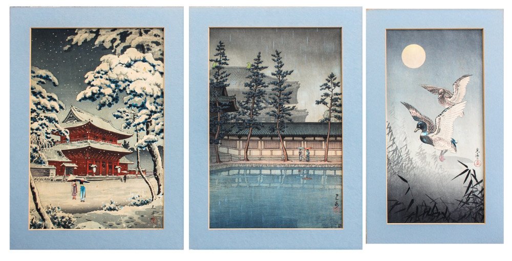 3 WOODBLOCK PRINTS KOITSU, HASUI: 3 WOODBLOCK PRINTS 2 KOITSU, 1 HASUI: Tsuchiya Koitsu, (Japanese, 18870-1949): 1) Ducks in Flight by Moonlight, 14 1/2" x 7 3/4" with margins; 2) "Zojoji Temple in Snow", 15 3/4" x 10 1/2" with margin