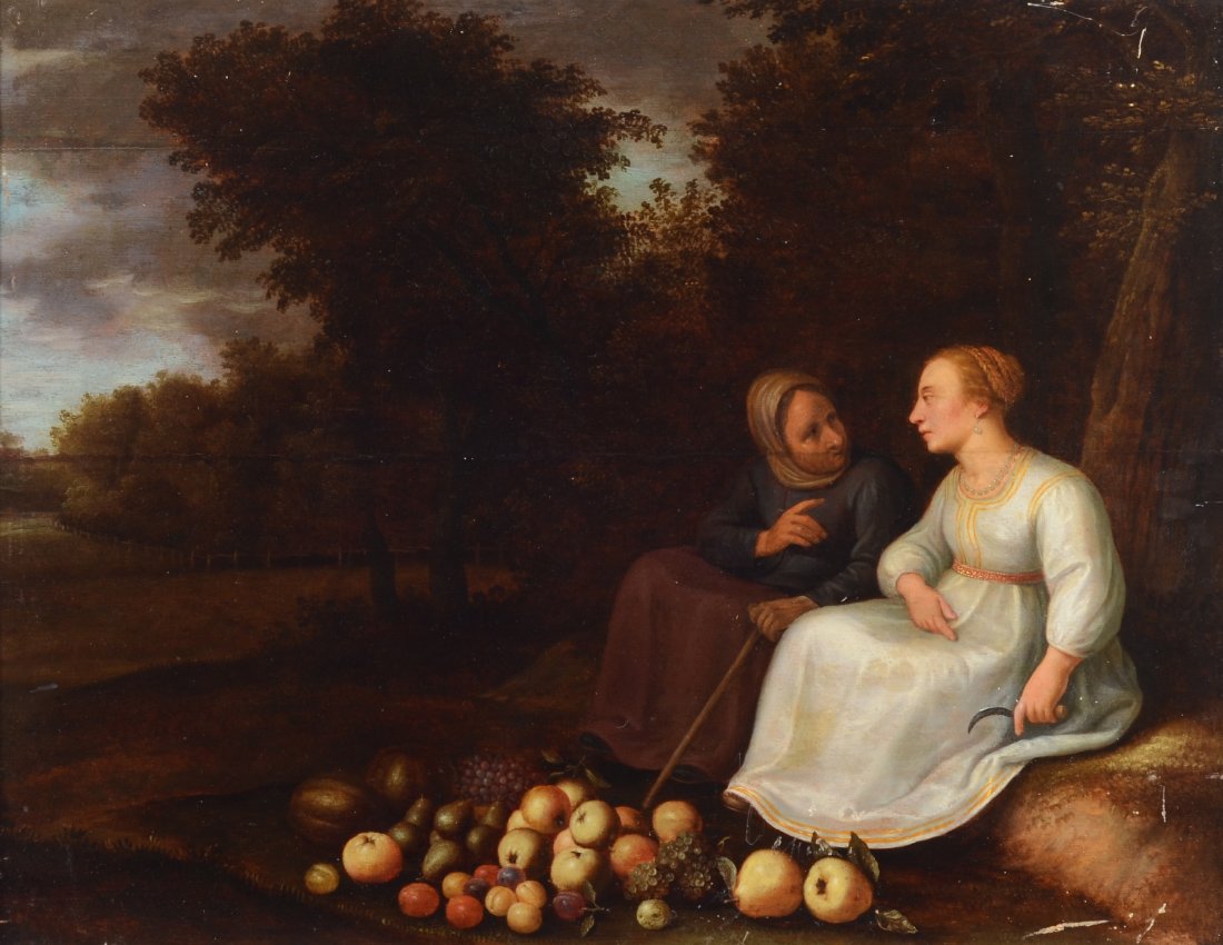 EARLY FLEMISH? GENRE PAINTING \"THE CONVERSATION\": EXCEPTIONAL EARLY FLEMISH? GENRE PAINTING \"THE CONVERSATION\": Oil/Cradled Panel, 22 1/2\" x 27 1/4\", Scene Depicts an older woman consoling a younger maiden who is about to pare some fruit, no visi