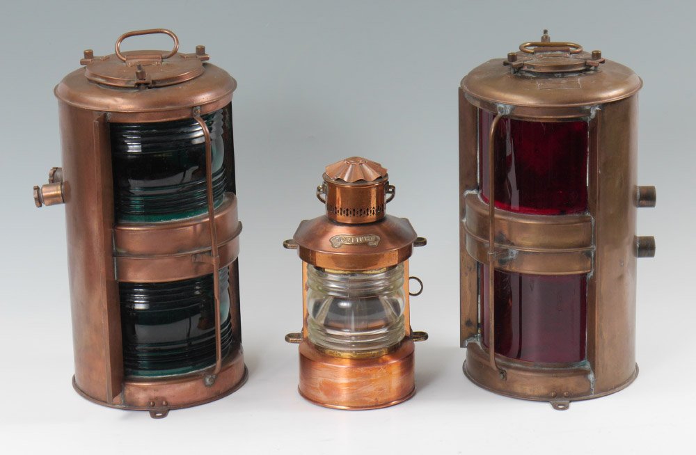 2 PIECE JAPANESE BRASS SHIPS LIGHTS: 2 PIECE JAPANESE BRASS SHIPS LIGHTS: 3 pieces total to include 1) 1972 Nippon Sento Corp. electric with red glass inserts, 17" h. x 9" x 7 3/4". 2) Unmarked mid 20th century Japanese electric with gre