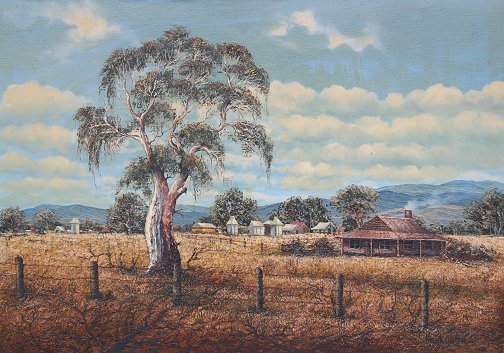 HENK GUTH AUSTRALIAN LANDSCAPE PAINTING.....Needs c: GUTH, Henk, (Australian, 1921- ): ''Countryscene Whorouly'', O/C, 27 3/4'' x 39 1/2'', framed, 31 3/4'' x 43 1/2'', label verso.