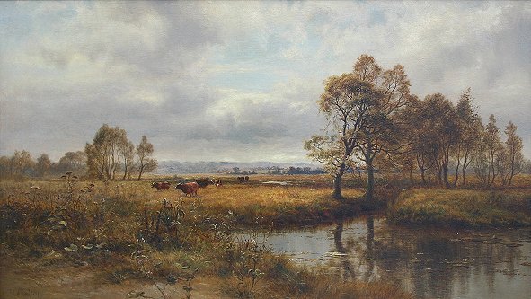 ROBERT GALLON PANORAMIC LANDSCAPE PAINTING: GALLON, Robert, (British, 1845-1925): Panoramic Landscape, O/C, 24'' x 42'', SLL, worn period frame with damage, 29'' x 47''.