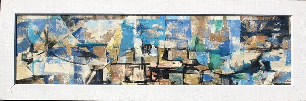 EXHIBITED DOROTHY EISNER ABSTRACT PAINTING: EISNER, Dorothy, (American, 1906-1984): Abstract, O/M, 12" x 48", SLR Dorothy P. Macdonald (married name), label from the First Columbia Painting Biennial, 1957, white frame, 17 1/4" x 53 1/4".