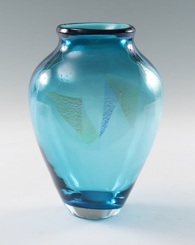 EARLY DUNCAN MCCLELLAN ART GLASS VASE: MCCLELLAN, Duncan, (American, 20th Century): Blue studio art glass vase with applied morphing triangle designs, signed on base and dated '93. Measures 10'' h. x 6 3/4''. Rare early piece from McClella