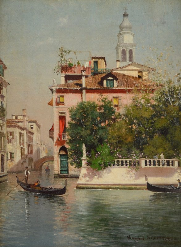 WARREN SHEPPARD VENETIAN CANAL PAINTING: SHEPPARD, Warren, (American, 1858-1937): Venice Canal Scene with Gondoliers, Oil/Canvas, 16" x 12", signed lower right, pierce carved and gilded gesso frame, 25.5" x 22" x 3.5".