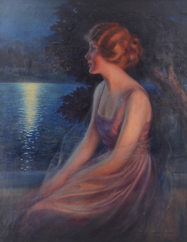 CHARLES WARDE TRAVER PAINTING: TRAVER, Charles Warde (American, 1870-1945): Romantic Scene Depicting a Young Red Headed Beauty Basking in the Lakeside Moonlight, Oil/Canvas, 38 1/4'' x 30'', signed lower right, wooden frame, 44'' x