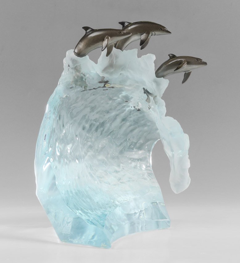 ROBERT WYLAND ACRYLIC DOLPHIN SCULPTURE: WYLAND, Robert (American, 20th Century): Cresting wave with 3 dolphins leaping on top, Acrylic, signed and marked AP, 12" h. x 11" x 10".