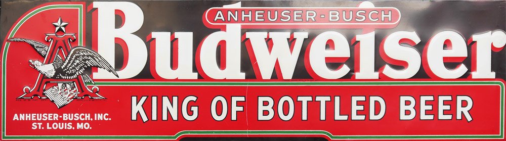 BUDWEISER EMBOSSED TIN LITHOGRAPH SIGN: BUDWEISER EMBOSSED TIN LITHOGRAPH SIGN: Mid 20th Century, King of Bottled Beer sign with logo. Overall measures 20 1/4"h. x 72" long x 1".
