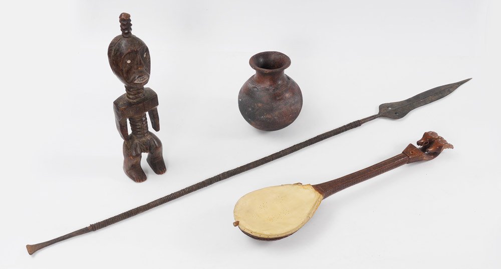 4 PIECE COLLECTION OF AFRICAN TREASURES: 4 PIECE COLLECTION OF AFRICAN TREASURES: 4 pieces total to include 1) Carved Lulua or Ndengese standing male figure, 21 1/2" h. x 5" x 5". 2) Kuba scratch earthenware pot, 10" h. x 8 1/2". 3) Large ca