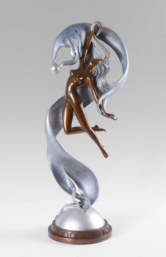 ANGELO BASSO "PERLA" DECO NUDE SCULPTURE: BASSO, Angelo (Italian, 1943-2011): "Perla", Art Deco Nude, Patinated Bronze, 25.5" in height, signed on the base, Dyansen Corp foundry mark, numbered 70/175, dated 1987.