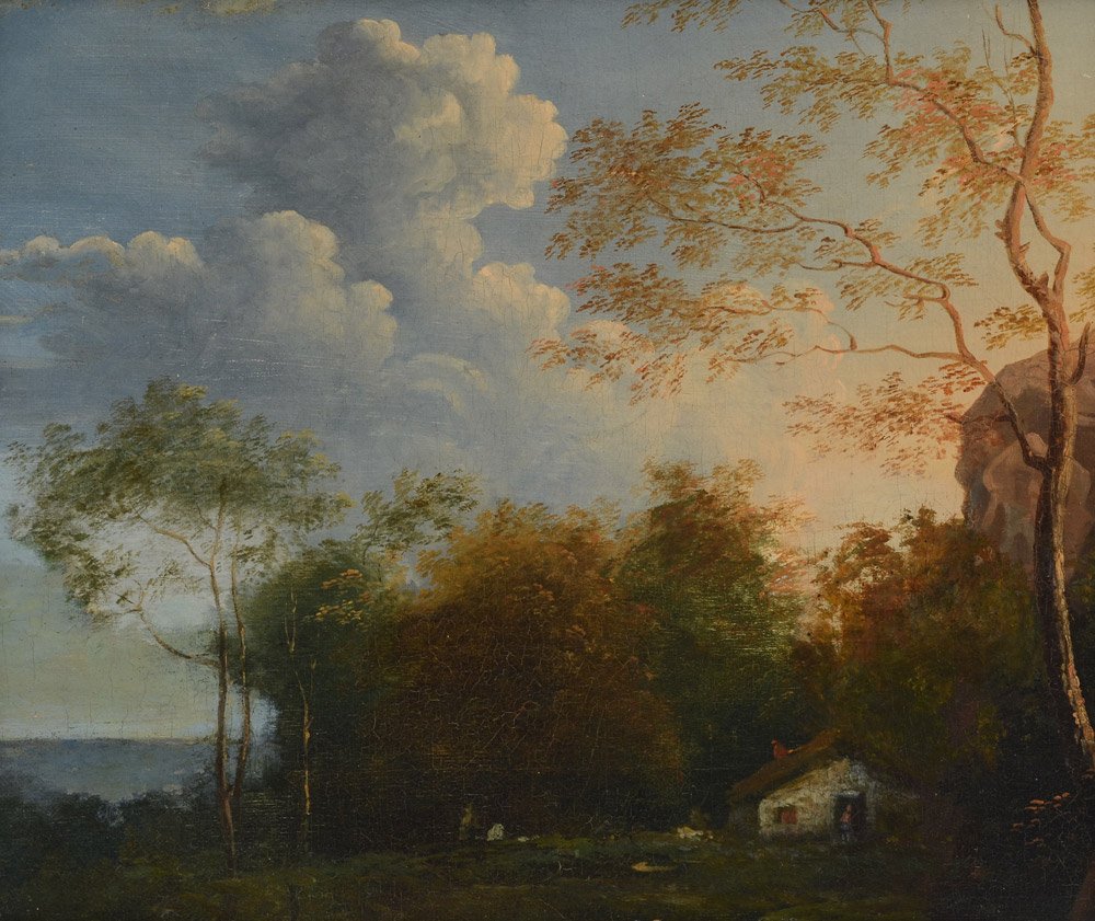 GOOD 19TH CENTURY ROMANTIC LANDSCAPE PAINTING: GOOD 19TH CENTURY ROMANTIC LANDSCAPE PAINTING WITH COUNTRY HOME: Oil/Canvas, 11 1/4" x 13 3/4", no visible signature, pierced, carved and gilded gesso frame, 17" x 19 1/4".