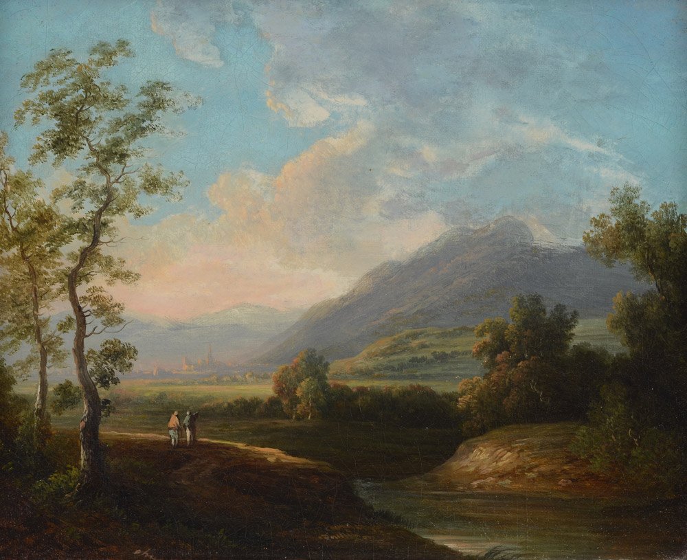 19TH CENTURY PANORAMIC ROMANTIC LS WITH 2 FIGURES: 19TH CENTURY PANORAMIC ROMANTIC LANDSCAPE PAINTING WITH 2 FIGURES: Oil/Canvas, 11 1/4" x 13 7/8", no visible signature, encased in pierced, carved and gilded frame, 17" x 19 1/4".