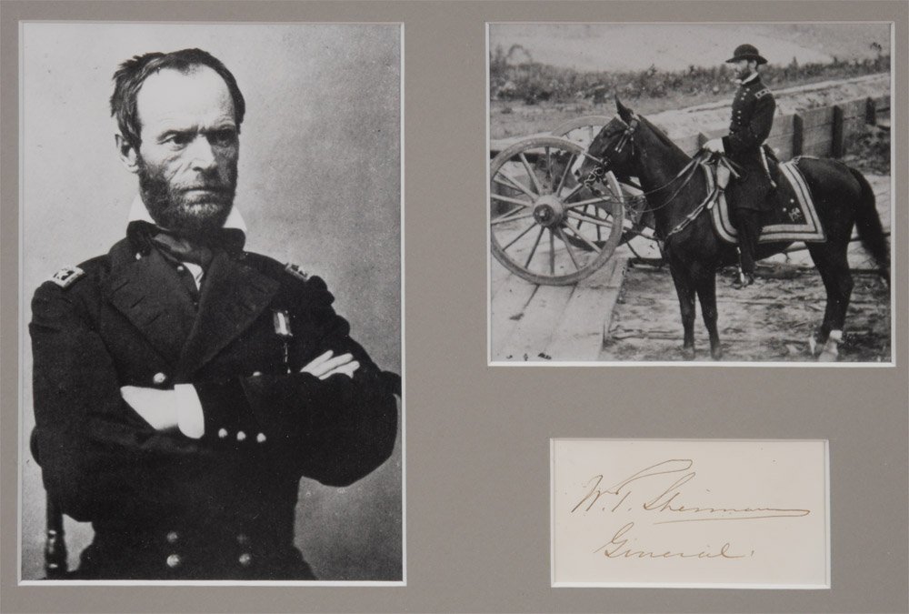 WILLIAM T SHERMAN FRAMED SIGNATURE: WILLIAM T SHERMAN FRAMED SIGNATURE: Signed in ink ''W. T. Sherman General'', on small index card, framed with 2 portraits of the famous Civil War General. Sold with certificate of authenticity by RR A