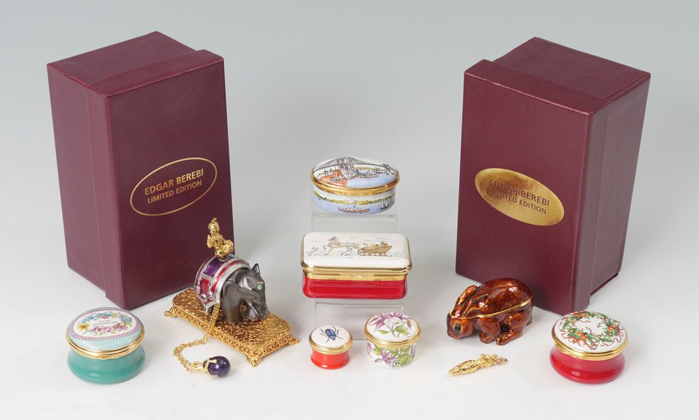6 HALCYON DAYS AND TWO EDGAR BEREBI BOXES: 6 HALCYON DAYS AND TWO EDGAR BEREBI BOXES: 8 miniature boxes total, of the 6 Halcyon Days five are designed by Tiffany & Co., the other with Bristol address. Largest Halcyon box measures 1" h. x 2 1/2