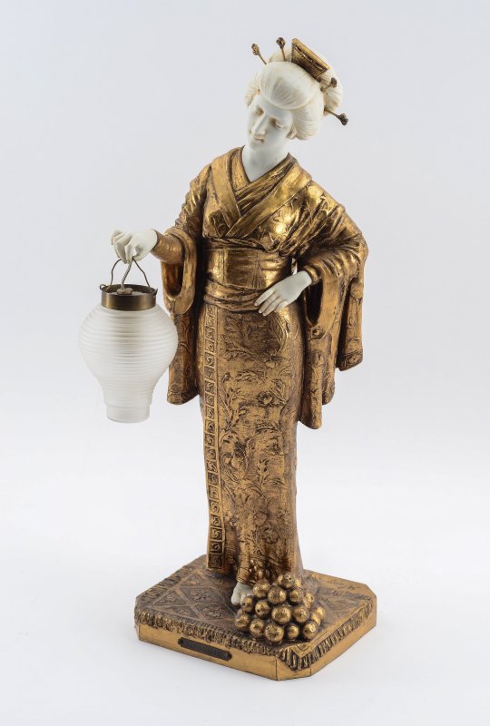 DOMINIQUE ALONZO GILT BRONZE GEISHA LAMP: ALONZO, Dominique, (French, 20th Century): Gilt bronze and parian ware figure of a geisha holding a lantern lamp with ribbed glass shade. Signed Alonzo. D on base, plaque reads Japonaise. Overall meas