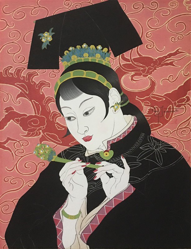 PAUL JACOULET JAPANESE WOODBLOCK PRINT: JACOULET, Paul, (Japanese/France, 1902-1960): "Les Jades", Japanese Woodblock Print, size with margins 18.5" x 13.75", signature and seal located above left shoulder, titled lower right with kento not