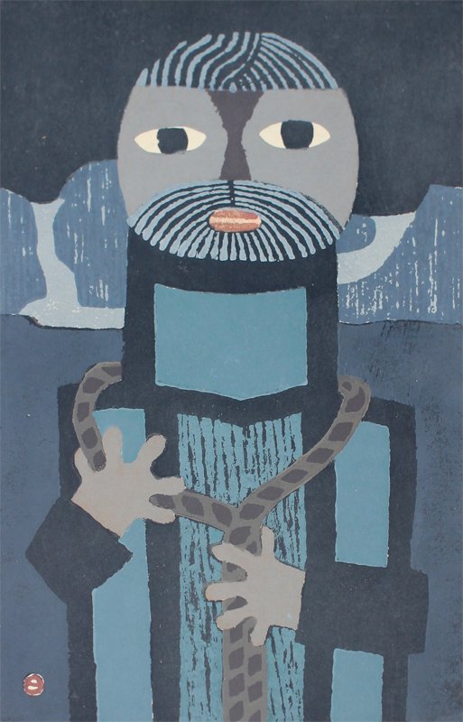 UMETARO AZECHI WOODBLOCK ''A ROPE'': AZECHI, Umetaro, (Japanese, 1902-1999): ''A Rope'', Japanese Woodblock Print, sight size 14.5'' x 9.5'', signed lower left in pencil, dated '57, 6/100, 15.5'' x 10.5''.