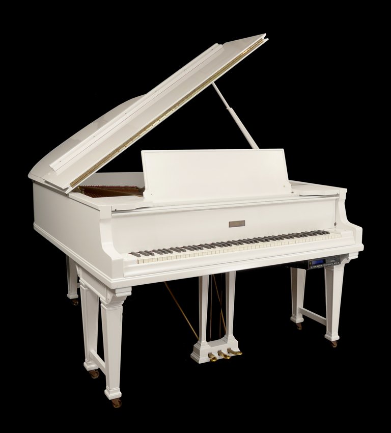 WILLIAM KNABE WHITE LACQUER BABY GRAND PIANO: WILLIAM KNABE WHITE LACQUER BABY GRAND PIANO: White lacquer case, double pedestal legs on castors, cast iron soundboard marked Wm. Knabe & Co., Baltimore MD, Established 1837. Sold with a PianoDisc pl