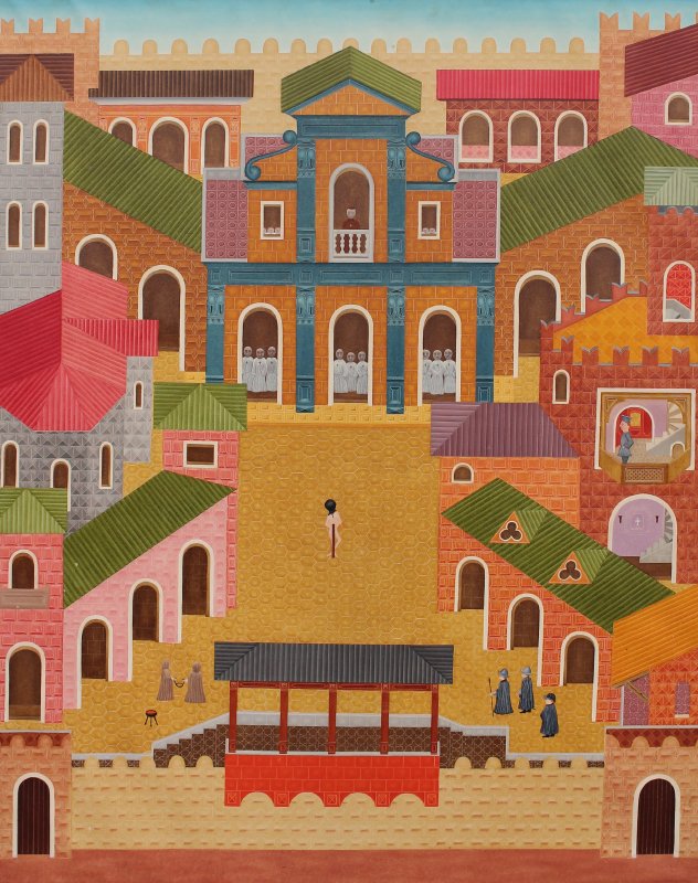 LARGE PHILLIP CASTLE RELIGIOUS PUNISHMENT PAINTING: CASTLE, Phillip, (English, born 1942): Scene of Religious Punishment, Oil/Canvas, 50" x 40", signed twice on canvas verso, 1970, monogrammed on canvas verso, thin edged metal frame, 50.5" x 40.5".