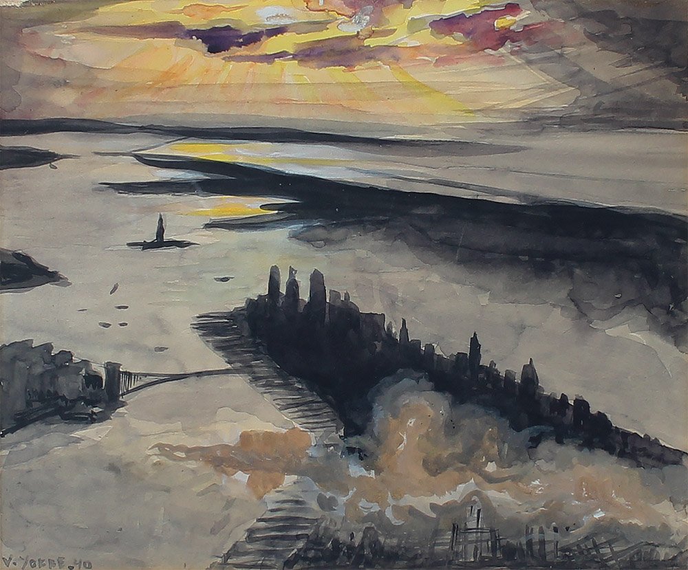 VLADIMIR YOFFE PAINTING NEW YORK CITY, 1940: YOFFE, Vladimir, (American, 1911-1997): "New York City, 1940", Watercolor, sight size 10.25" x 12.5", signed lower left and dated '40, framed, 15.5" x 18". Yoffe worked as an Artist for WPA. Had shows