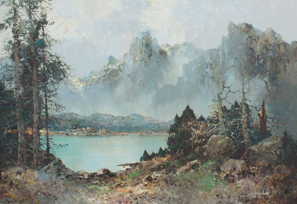 WILLI BAUER ALPINE LAKESIDE PAINTING: BAUER, Willi Vert, (German, born 1923): Alpine Lakeside Scene, Oil/Canvas, 27'' x 39'', signed lower left, carved gilt frame, 34'' x 46''.
