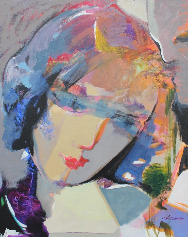 HESSAM ABRISHAMI ''DREAM OF BEAUTY'' PAINTING: ABRISHAMI, Hessam, (Iranian, born 1951): "Dream of Beauty", Acrylic/Canvas, 30" x 24", signed lower right, signed and titled verso, custom frame, 38" x 32.25".