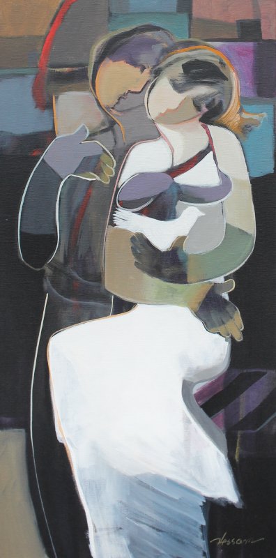 HESSAM ABRISHAMI ''LOVE ADDICTION'' PAINTING: ABRISHAMI, Hessam, (Iranian, born 1951): "Love Addiction", Acrylic/Canvas, 30" x 15", signed lower right, titled and signed verso, custom frame, 34" x 18.5".