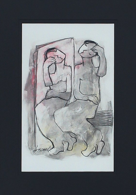HESSAM ABRISHAMI SKETCH OF FIGURE IN FRONT OF MIRROR: ABRISHAMI, Hessam, (Iranian, born 1951): Figure in Front of Mirror, Pencil Sketch, sight size 12'' x 7.75'', signed lower left, custom frame, 26.5'' x 22.25'', signed and titled verso.