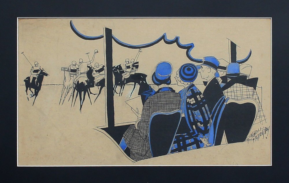 PATTERSON LIFE MAGAZINE POLO MATCH PAINTING: PATTERSON, Russell, (American, 1896-1977): "At The Polo Match", Gouache, Pen and Ink, sight size 7" x 12.5", signed lower right, Life Magazine stamp and attachments verso, carved gilt frame 21.5" x 26