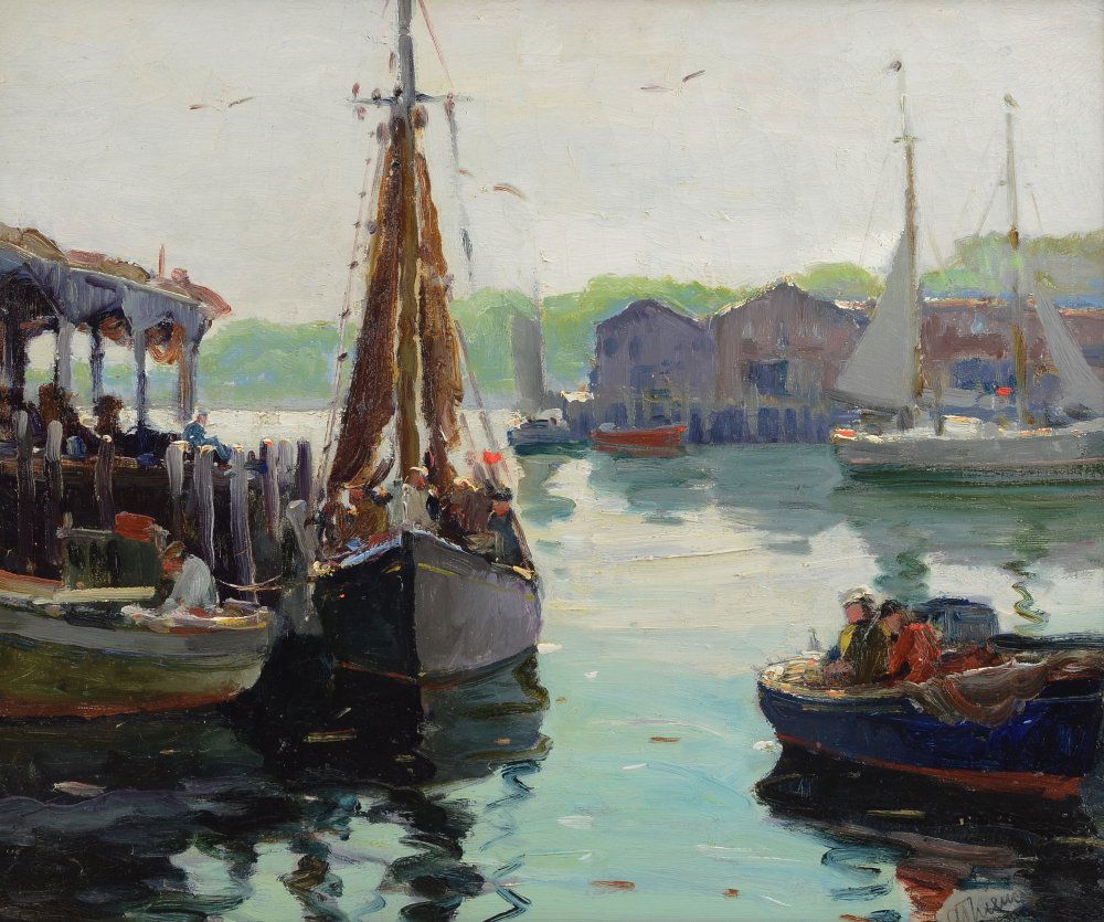 ANTHONY THIEME GLOUCESTER PAINTING: THIEME, Anthony, (Dutch, 1888-1954): ''Gloucester Harbor'', Oil/Canvas, 20'' x 24'', signed lower right, period carved Impressionist frame, 23.5'' x 28'', stamped copyright reserved verso, titled on t