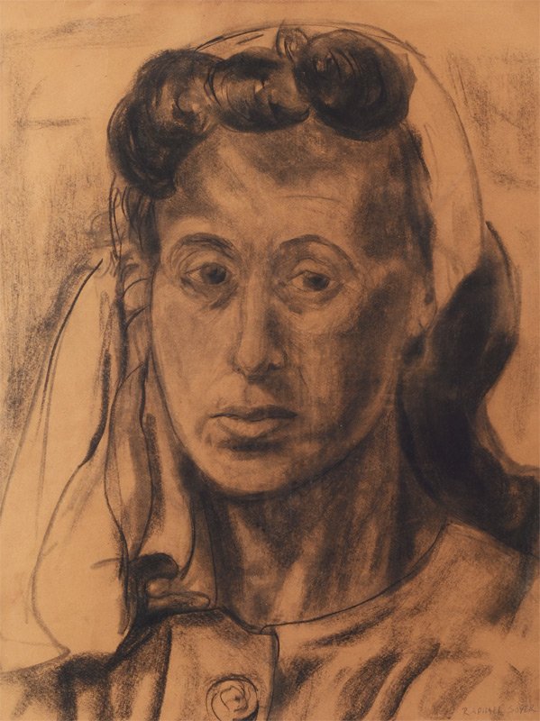 RAPHAEL SOYER DRAWING: SOYER, Raphael, (American, 1899-1987): Portrait of a Housewife, Charcoal on Paper, 23" x 17.5", pencil signed lower right.