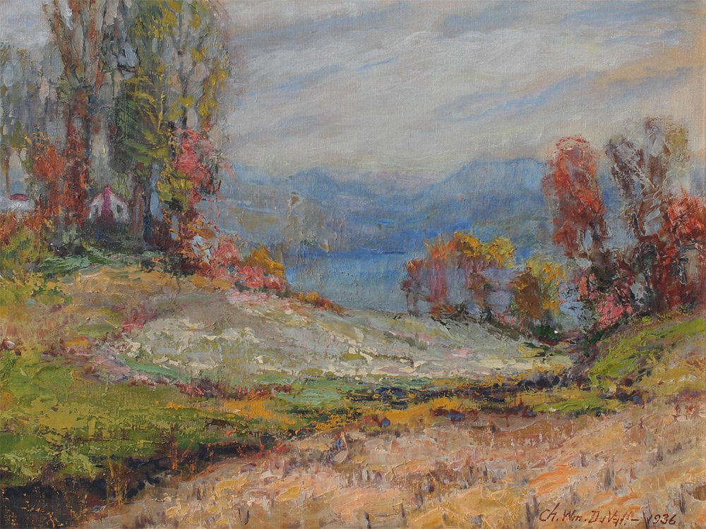 CHARLES W DUVALL AUTUMNAL VALLEY LANDSCAPE PAINTING: DUVALL, Charles William, (American, 1864- 1966): Autumnal Valley with Lake and Mountains in Distance, Oil/Canvas, 18" x 24.25", signed lower right, framed 23" x 29".