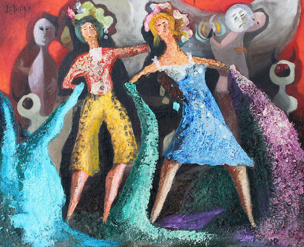 JULIO DE DIEGO SURREAL PAINTING SPANISH PROMENADE: DE DIEGO, Julio, (Spanish/United States, 1900-1979): "Spanish Promenade", Surreal Oil/Canvas Board Painting, 8.5" x 10.5", signed upper left, title verso, framed, 9.5" x 11.5".