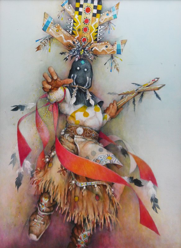 LARGE ''YELLOW POLLEN DANCER'': DOYLE, John, (American, 20th C.): ''Yellow Pollen Dancer'', Acrylic/Canvas, 60'' x 48'', signed lower right, thin edge wood frame, 58.5'' x 46.25''. Suzanne Brown Galleries label affixed verso.