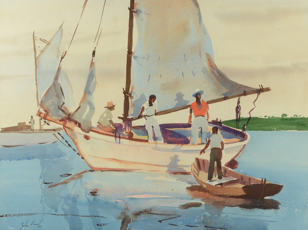 JOHN WARD PAINTING BAHAMIAN FISHING BOATS: WARD, John, (): ''Off Shore Gossip'', depicting Bahamian fishermen in fishing boats, Watercolor, 18'' x 24'', signed lower left, dated 1940, painted white frame, 29.5'' x 34.5''.