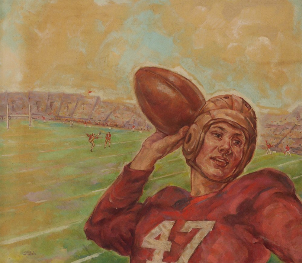 LORIS WITHERS QUARTERBACK PAINTING: WITHERS, Loris, (American, 1891-1975): Quarterback, Oil/Canvas, 18" x 20", signed lower left, framed, 21.5" x 24".