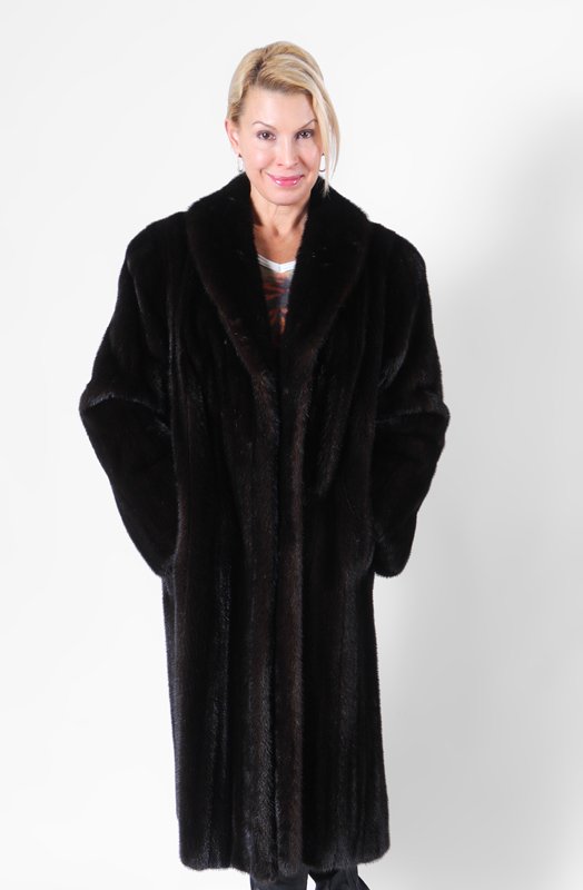 BLACK RANCH MINK FUR COAT: BLACK RANCH MINK COAT: Bronxville Furrier, Edward J. Hill label. 3/4 to full length. Shawl collar, bell sleeves. Size 10-12, measures approx. 47" collar to hem, 21" shoulder to shoulder and 24" should