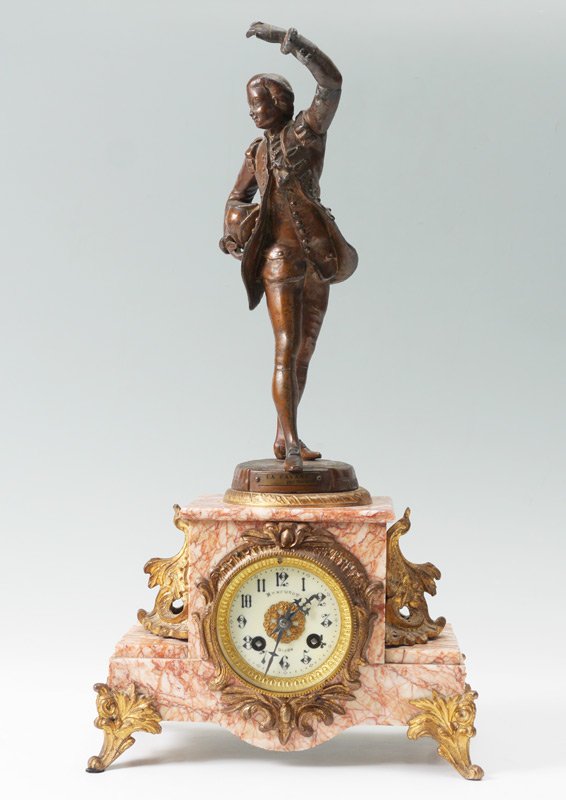 FRENCH FIGURAL SPELTER & MARBLE MANTLE CLOCK: FRENCH FIGURAL SPELTER & MARBLE MANTLE CLOCK: Patinated spelter finial, figure of a French man in his finest, titled "La Pavane Par Berthoz". Variegated marble base with gilt metal mounts. Porcelain d