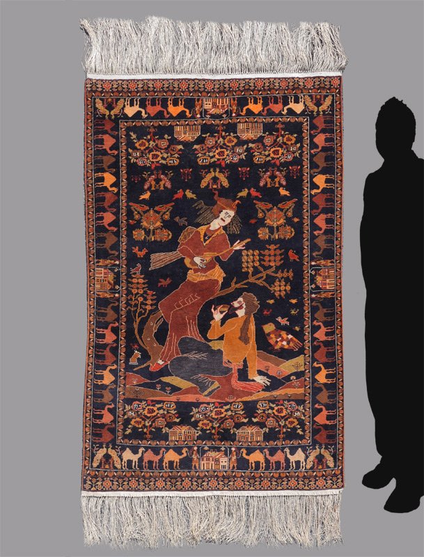 PICTORIAL RUG HAND KNOTTED WOOL 4' x 6': APPROX. 20-40 YR. OLD PERSIAN OR AFGHAN PICTORIAL RUG HAND KNOTTED WOOL, 4' x 6': This interesting rug has a central picture of a romantic couple in an outdoor setting. They are like characters from a