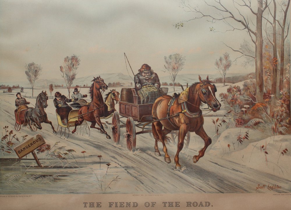 CURRIER AND IVES LITHOGRAPH - THE FIEND OF THE ROAD: CURRIER AND IVES LITHOGRAPH - THE FIEND OF THE ROAD: Sight size 17.25" x 25", designed by Scott Leighton, birds eye maple frame, 24.5" x 31.5".